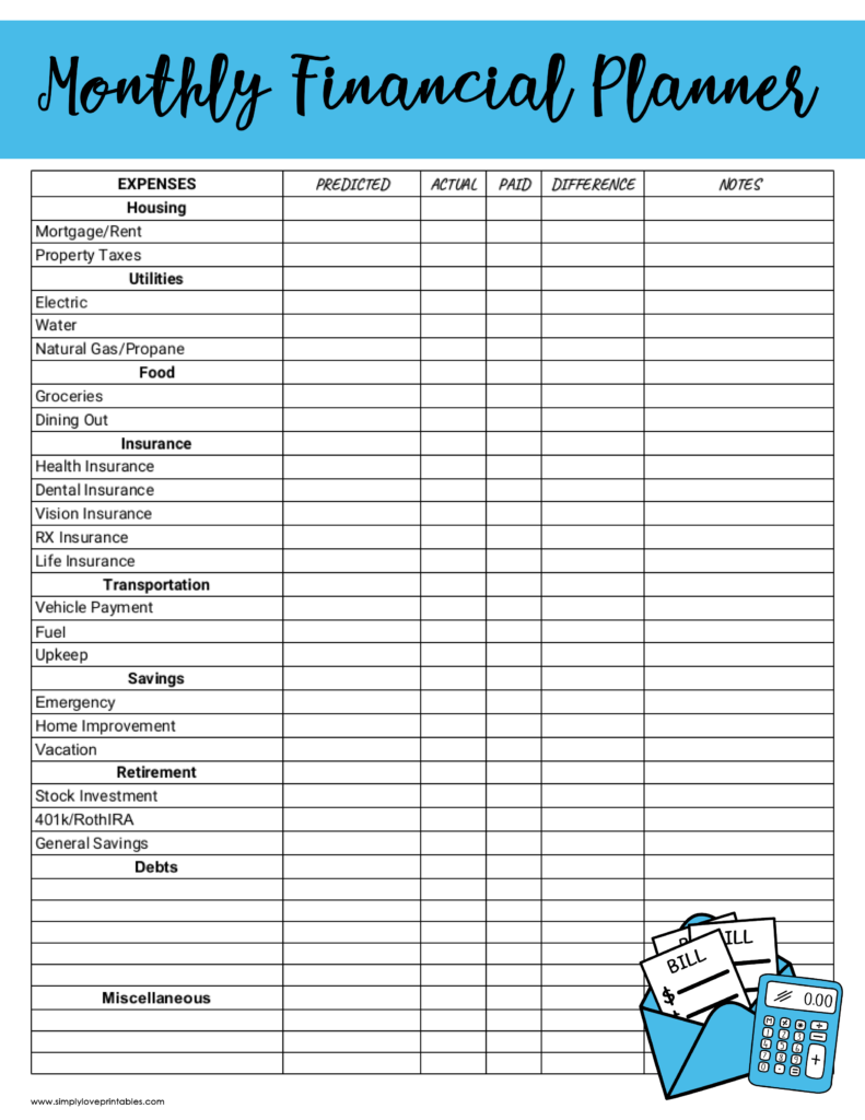 Simply Love Printables Monthly Financial Planner Blue