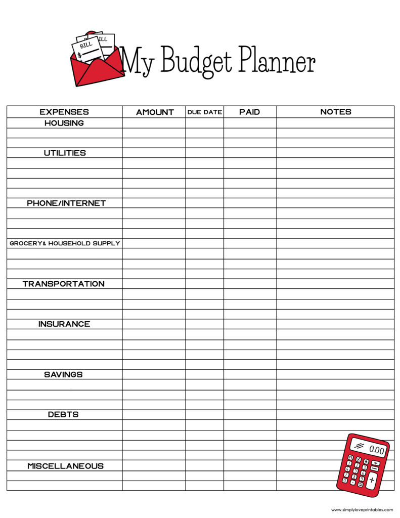 Simply Love Printables Bill Calculator Budget Planner