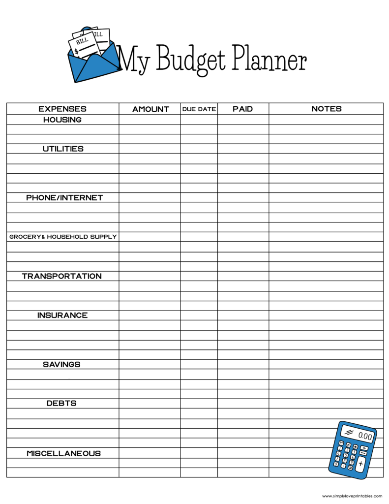 Simply Love Printables Bill Calculator Budget Planner Blue