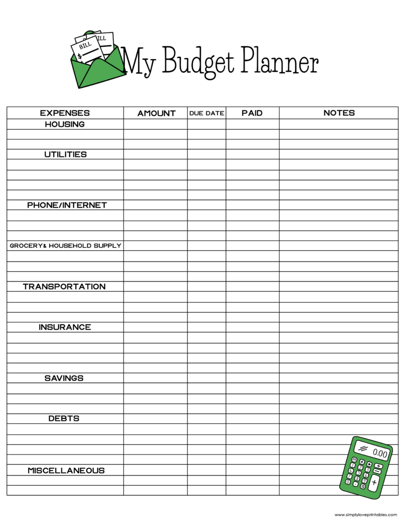 Simply Love Printables Bill Calculator Budget Planner Green