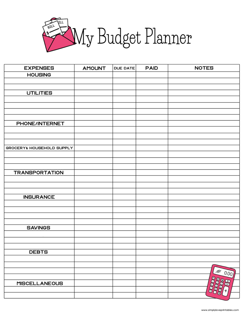 Simply Love Printables Bill Calculator Budget Planner Hot Pink