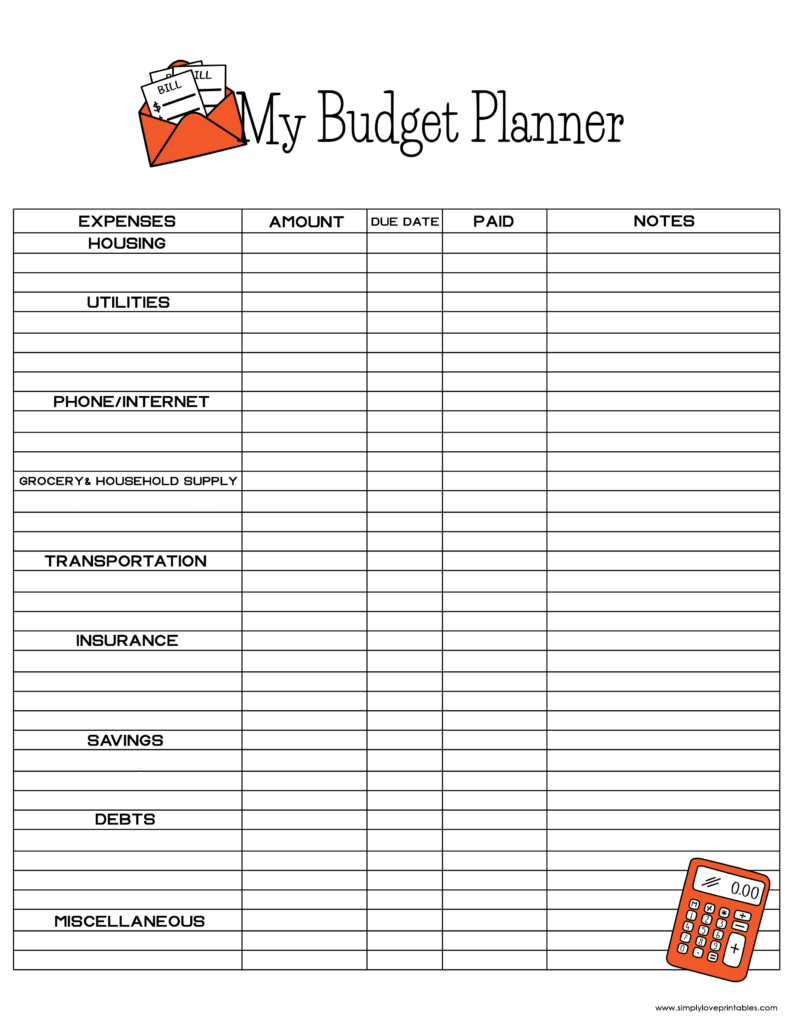 Simply Love Printables Bill Calculator Budget Planner Orange