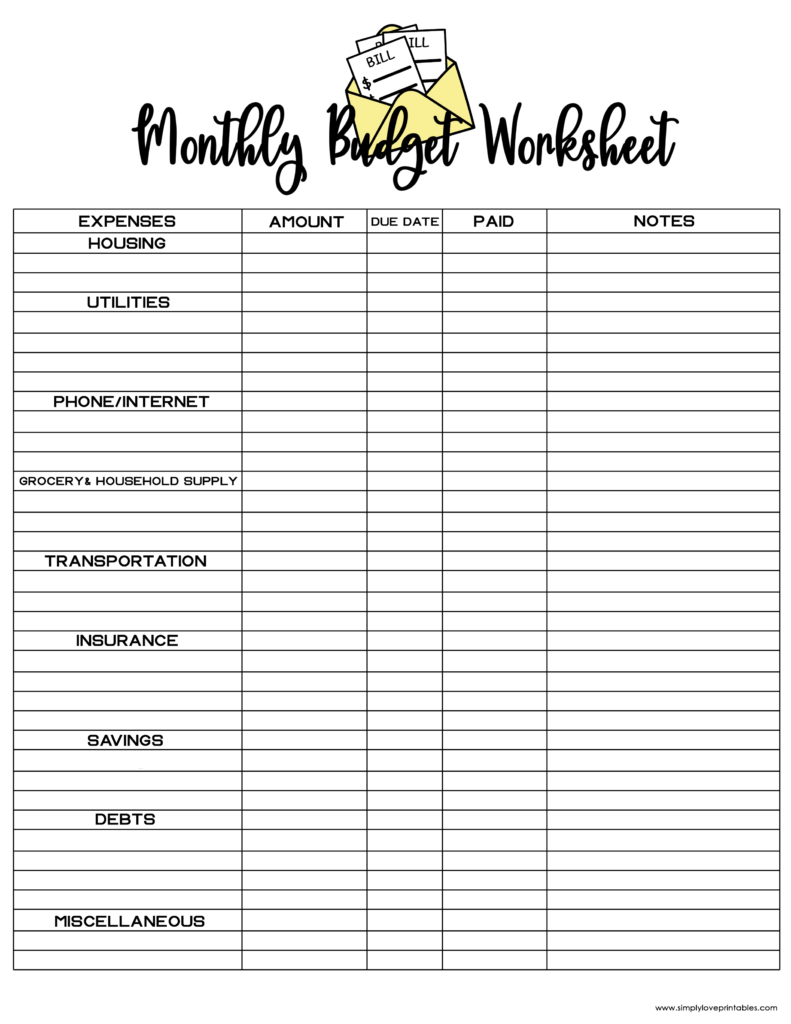Simply Love Printables Bill Monthly Budget Worksheet Light Yellow