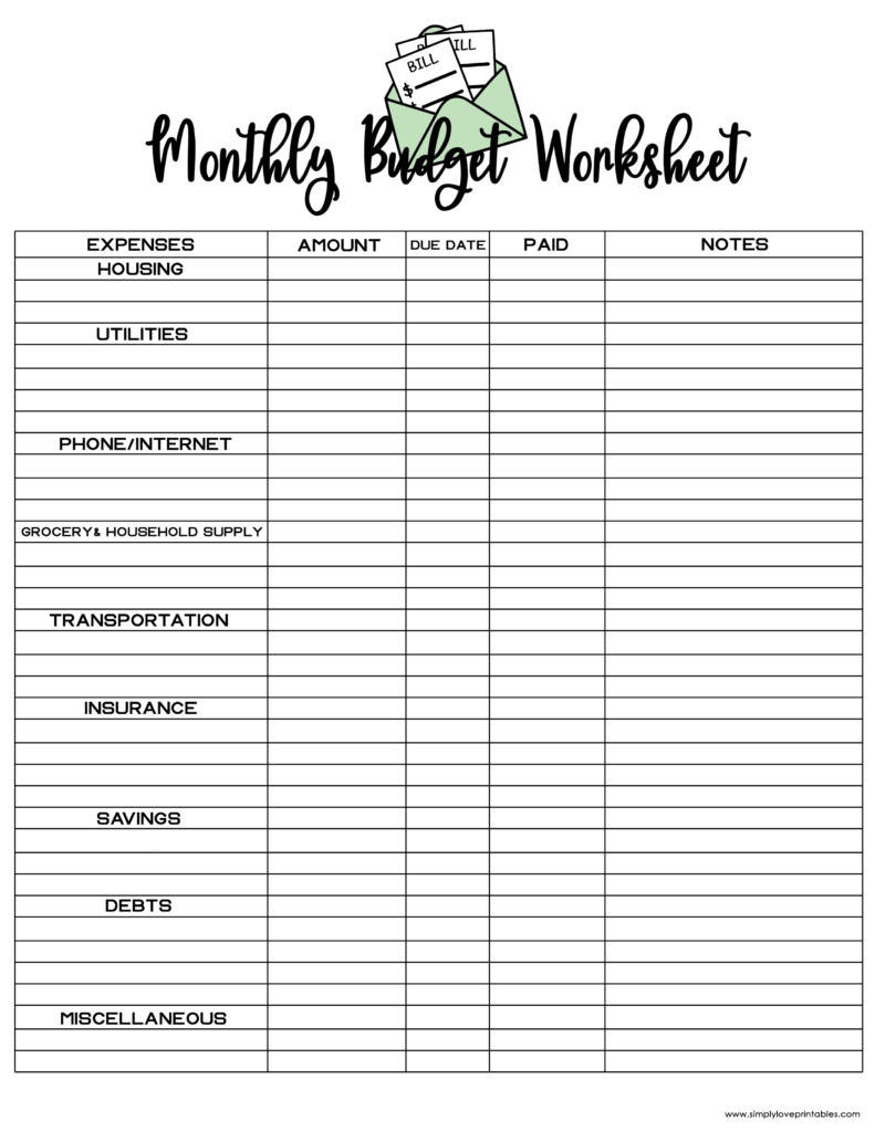 Simply Love Printables Bill Monthly Budget Worksheet Mint Green