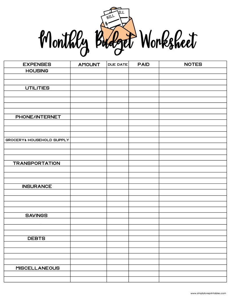 Simply Love Printables Bill Monthly Budget Worksheet Peach
