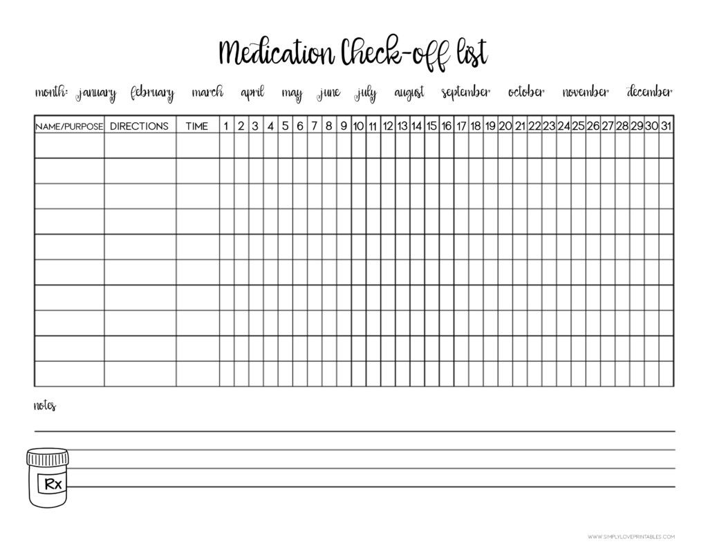 Simply Love Printables Medication Check Off List Black and White