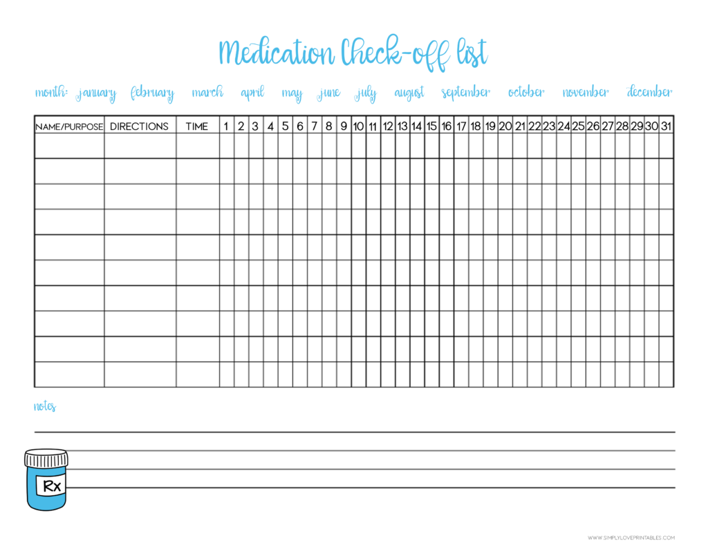 Simply Love Printables Medication Check Off List Blue