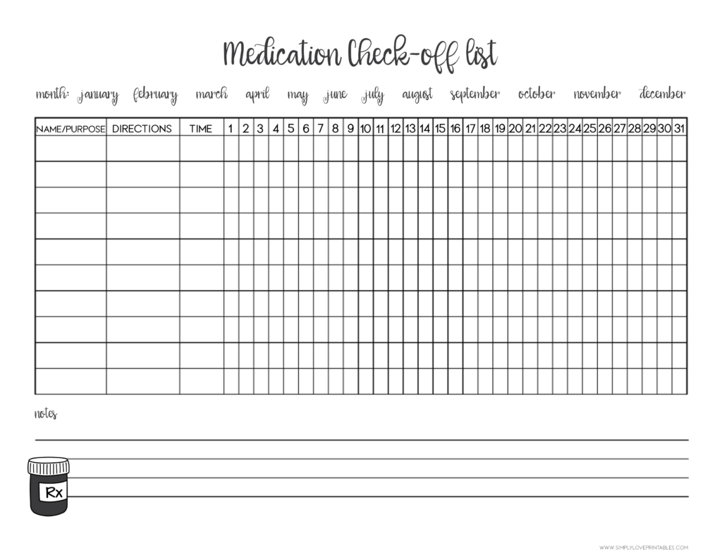 Simply Love Printables Medication Check Off List Dark Grey