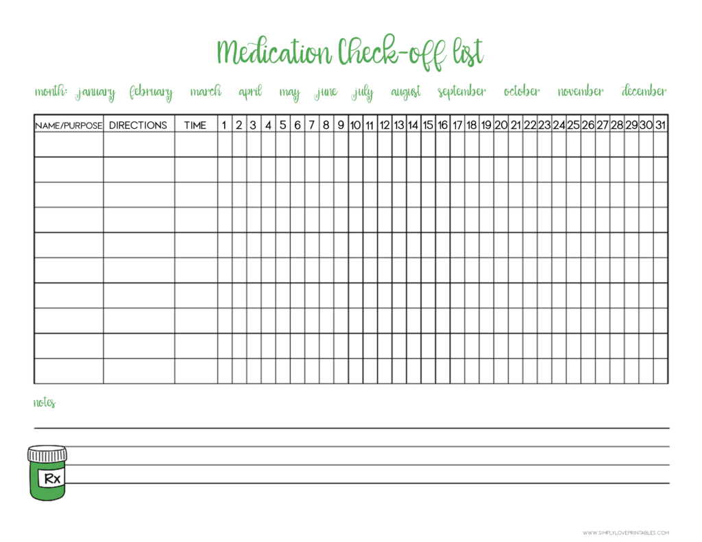 Simply Love Printables Medication Check Off List Green