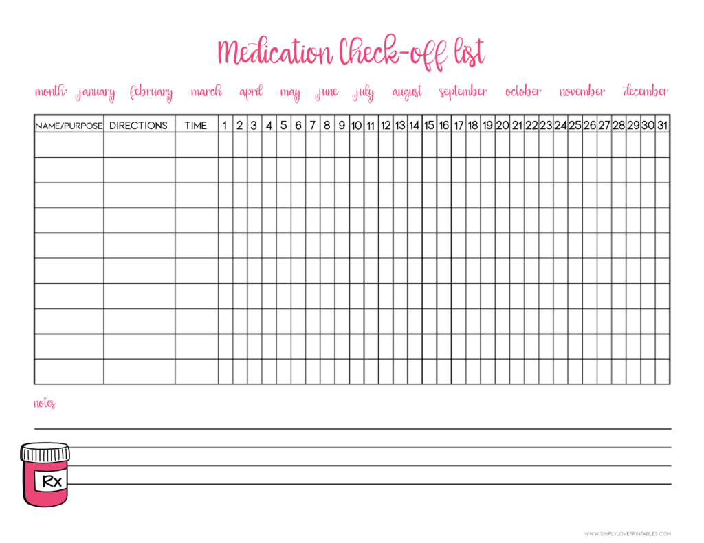 Simply Love Printables Medication Check Off List Hot Pink