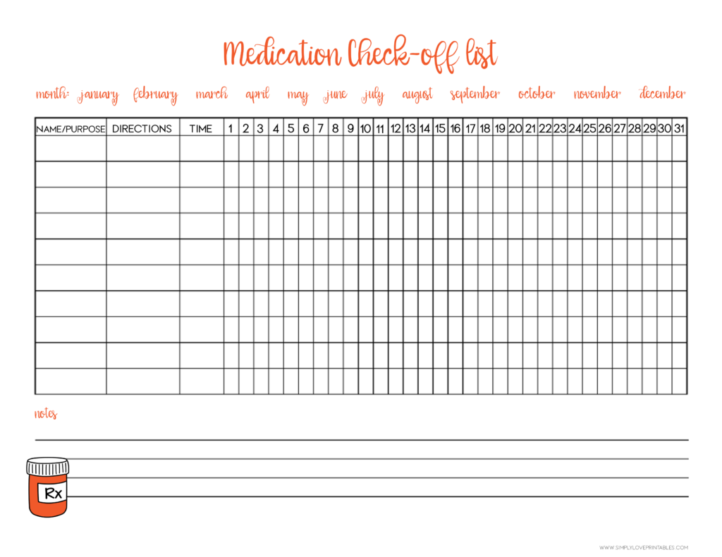 Simply Love Printables Medication Check Off List Orange