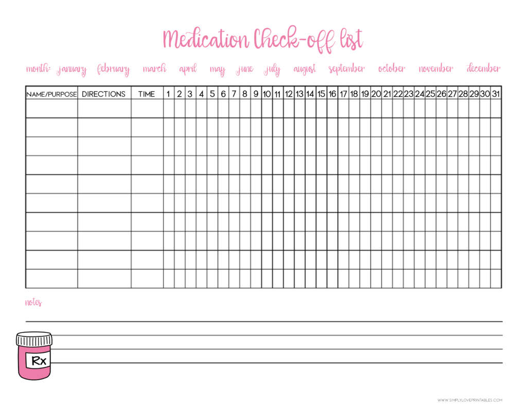 Simply Love Printables Medication Check Off List Pink