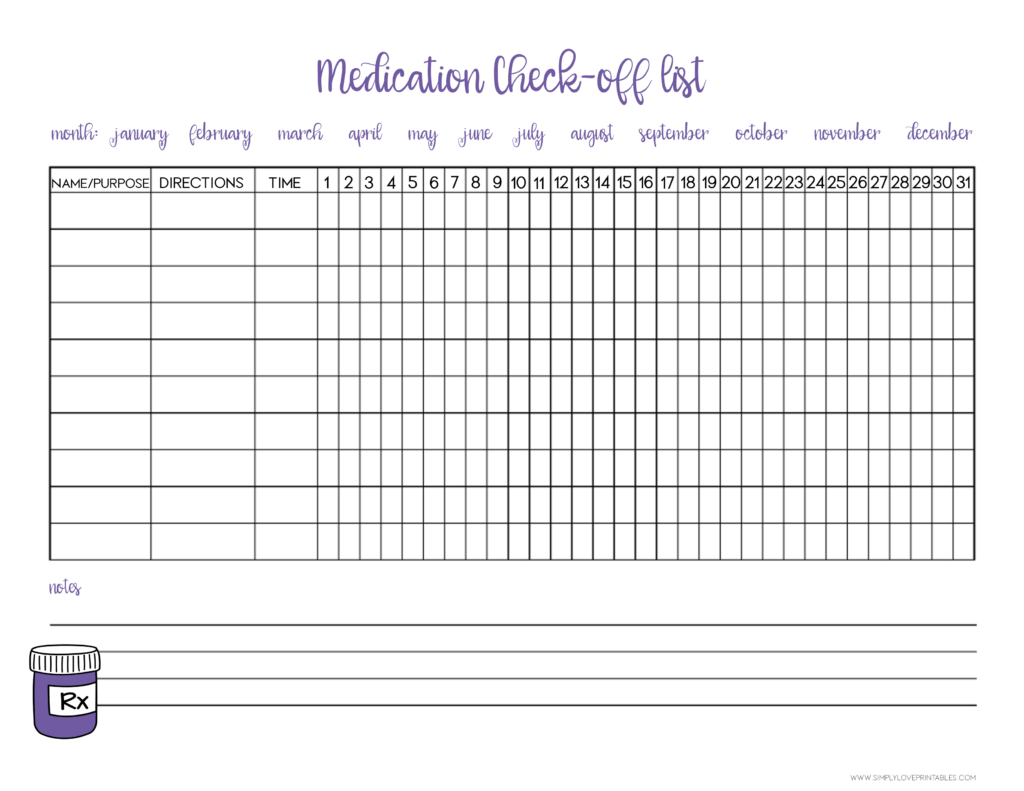 Simply Love Printables Medication Check Off List Purple
