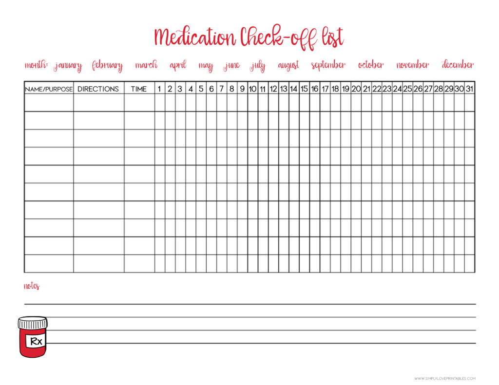Simply Love Printables Medication Check Off List Red