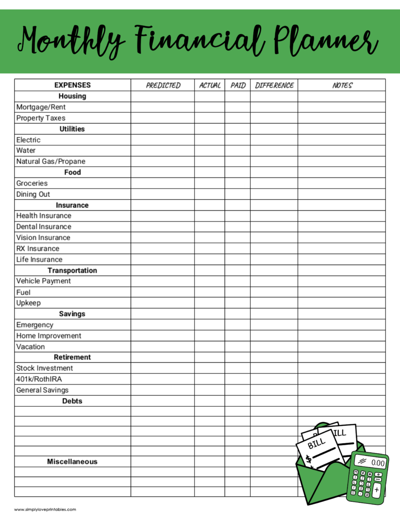 Simply Love Printables Monthly Financial Planner Green