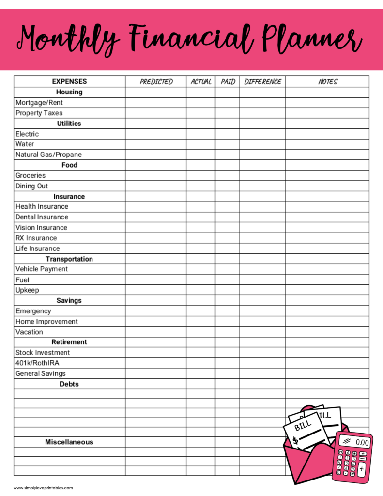 Simply Love Printables Monthly Financial Planner Hot Pink
