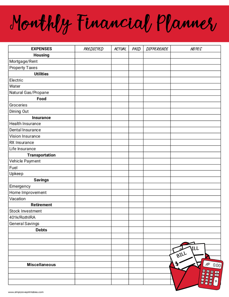Simply Love Printables Monthly Financial Planner Red