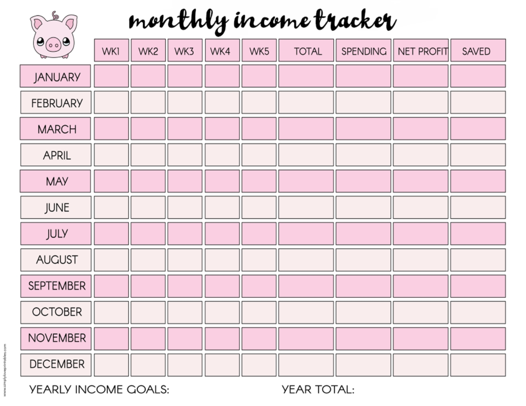 Simply Love Printables Monthly Income Tracker Pink