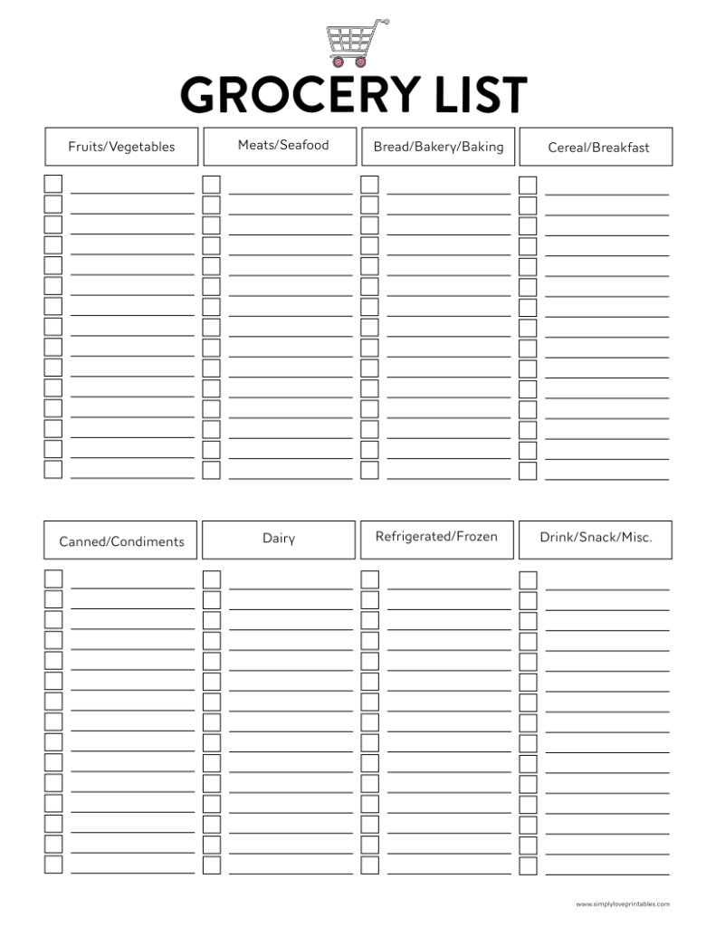 Simply Love Printables Grocery List Grocery Cart