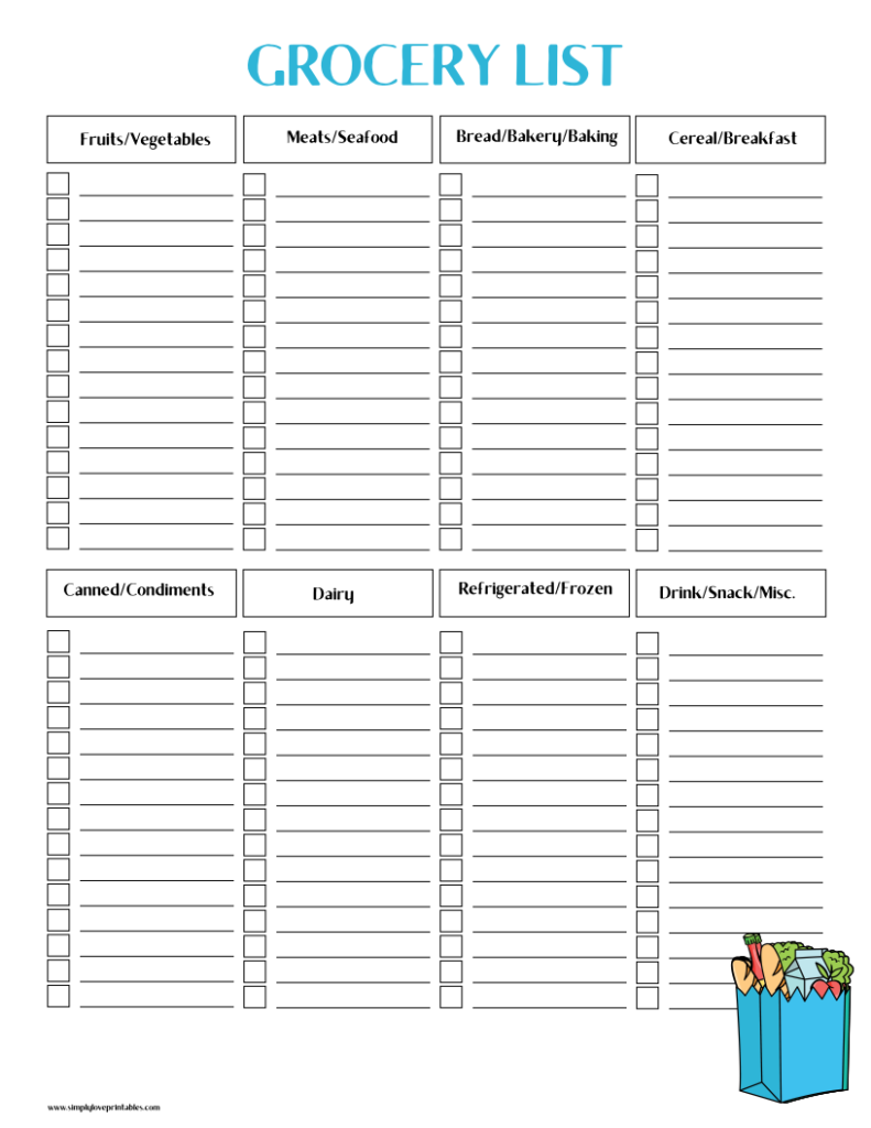 Simply Love Printables Grocery List Shopping Bag Blue