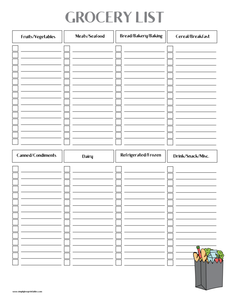 Simply Love Printables Grocery List Shopping Bag Grey
