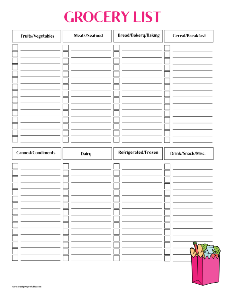 Simply Love Printables Grocery List Shopping Bag Hot Pink