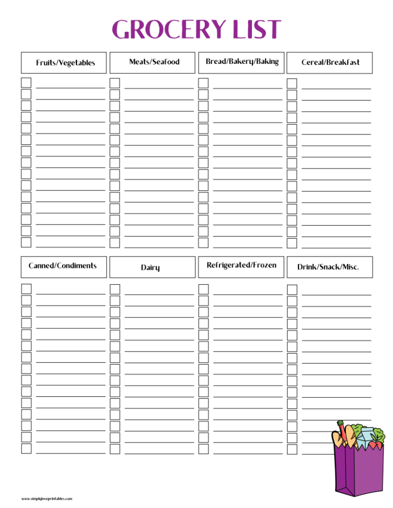 Simply Love Printables Grocery List Shopping Bag Purple