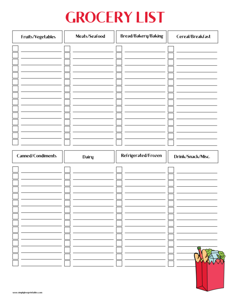 Simply Love Printables Grocery List Shopping Bag Red