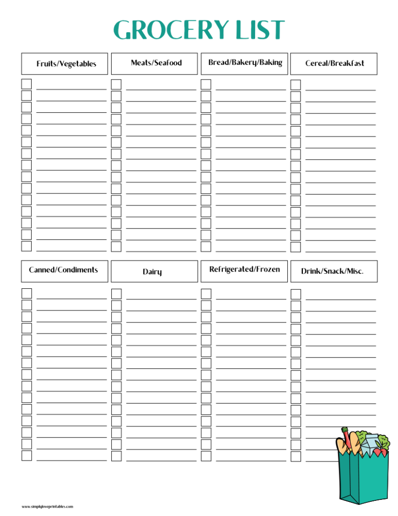 Simply Love Printables Grocery List Shopping Bag Teal