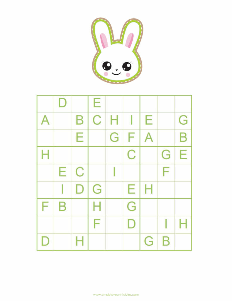 Simply Love Printables Sudoku Easy Alphabet Bunny Green One Puzzle_Page_1