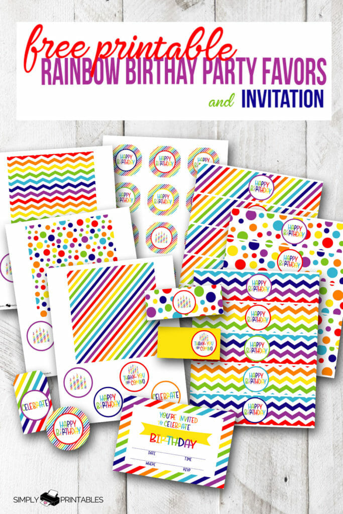 Simply Love Printables Rainbow Birthday Party Favors and Invitations Pinterest Image