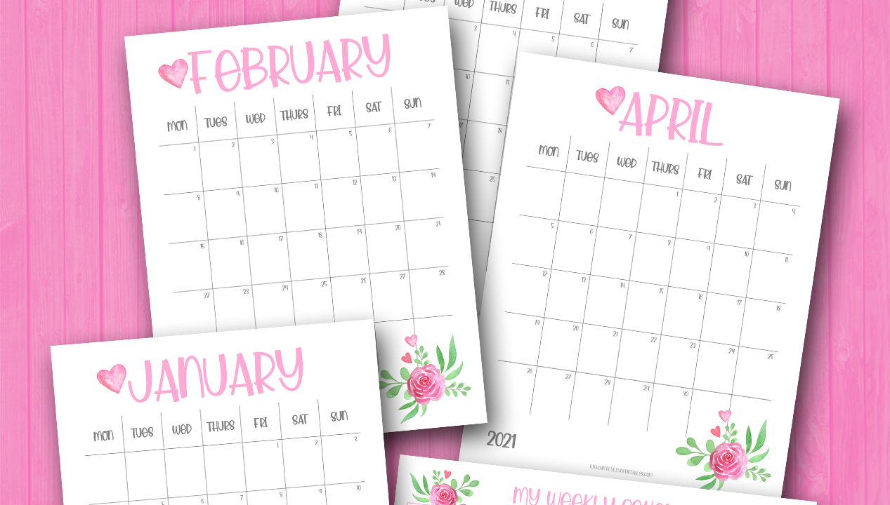 Free Printable 2021 Pink Floral Monthly Calendars - Simply Love Printables
