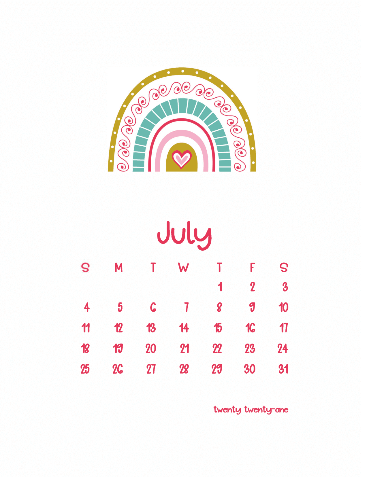 Free Printable 2021 Rainbow Calendar - Simply Love Printables