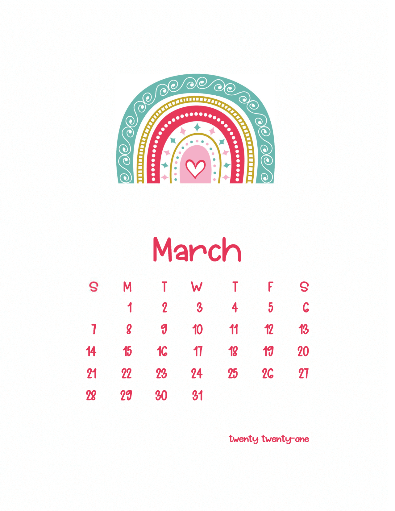 Free Printable 2021 Rainbow Calendar - Simply Love Printables