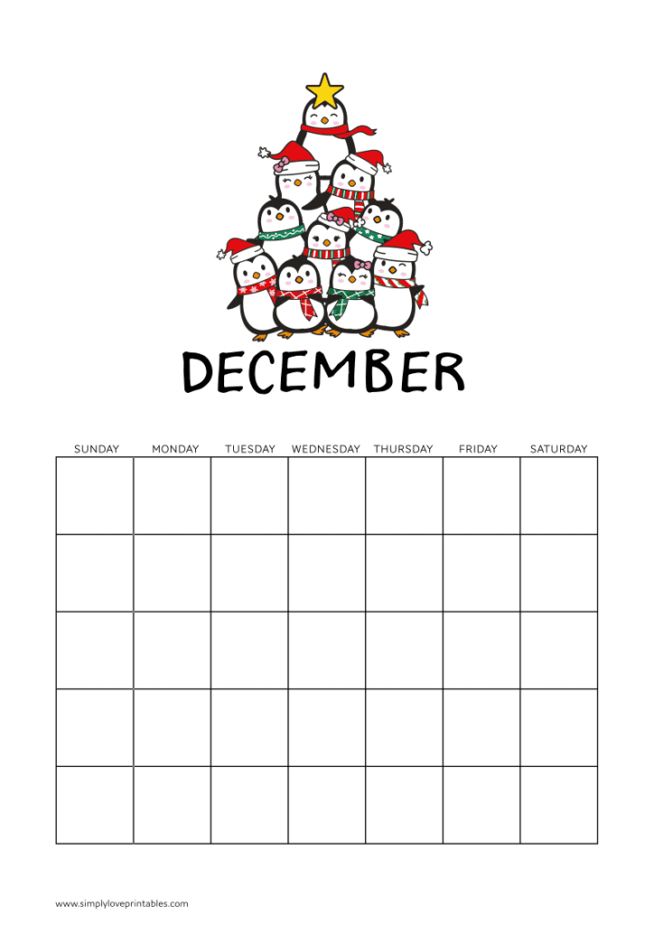 Simply Love Printables Penguin Tree December Undated Calendar