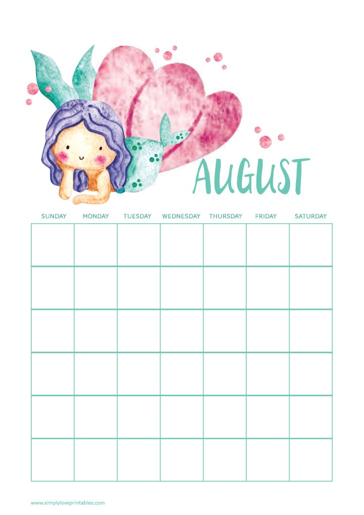 Simply Love Printables Cute Mermaid August Calendar