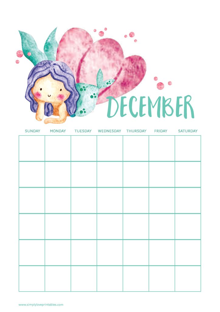 Simply Love Printables Cute Mermaid December Calendar