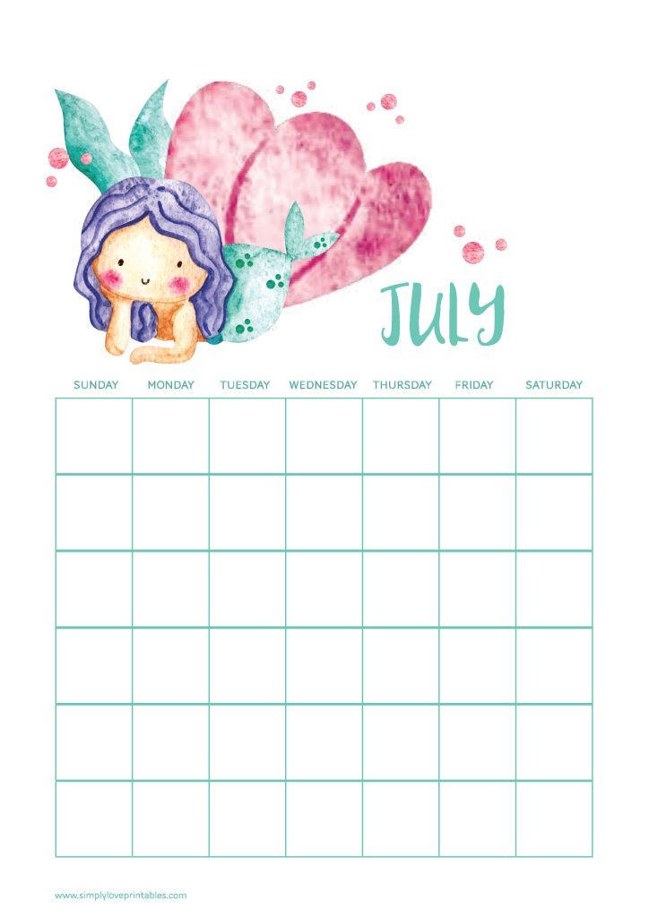 Simply Love Printables Cute Mermaid July Calendar