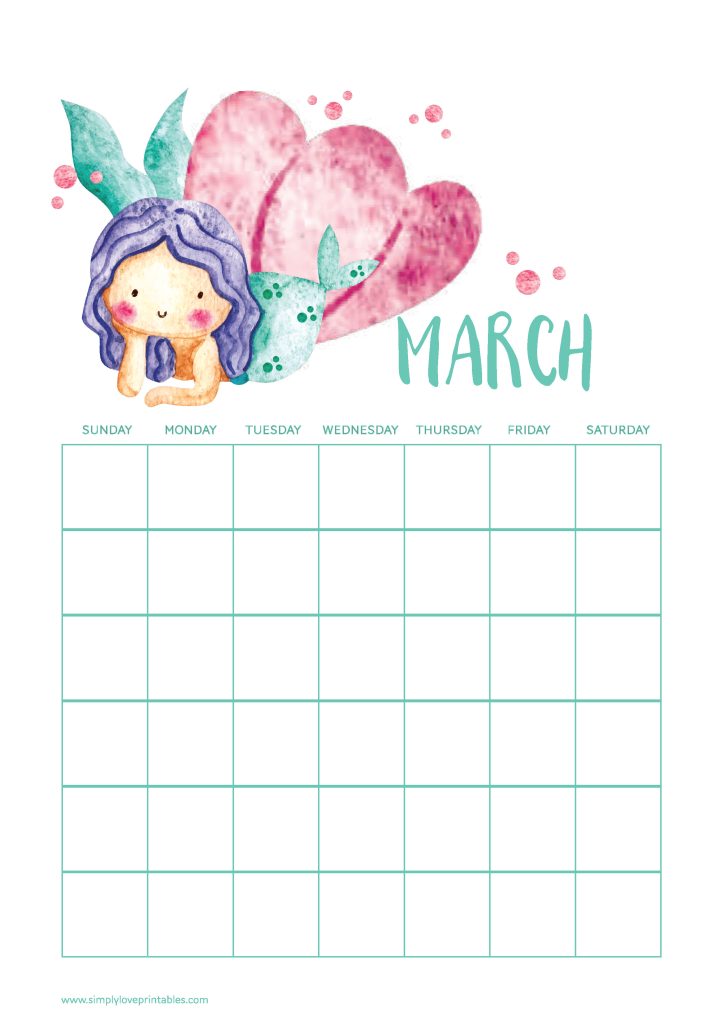 Simply Love Printables Cute Mermaid March Calendar