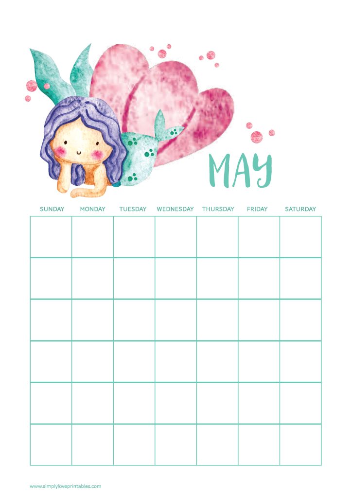Simply Love Printables Cute Mermaid May Calendar