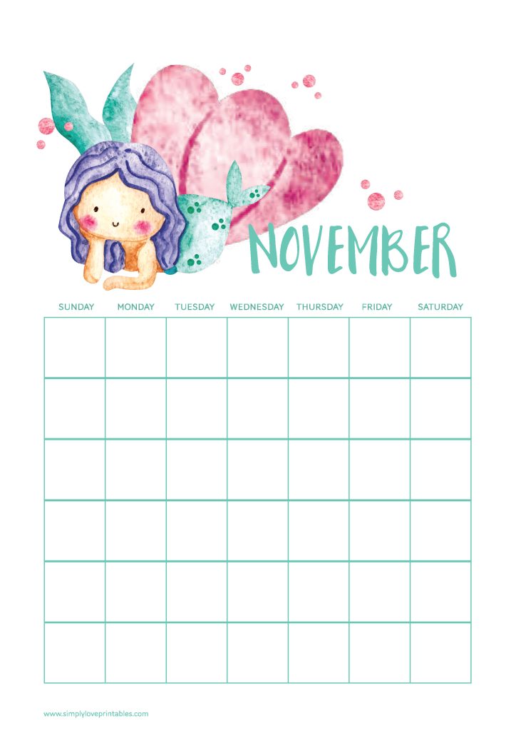 Simply Love Printables Cute Mermaid November Calendar