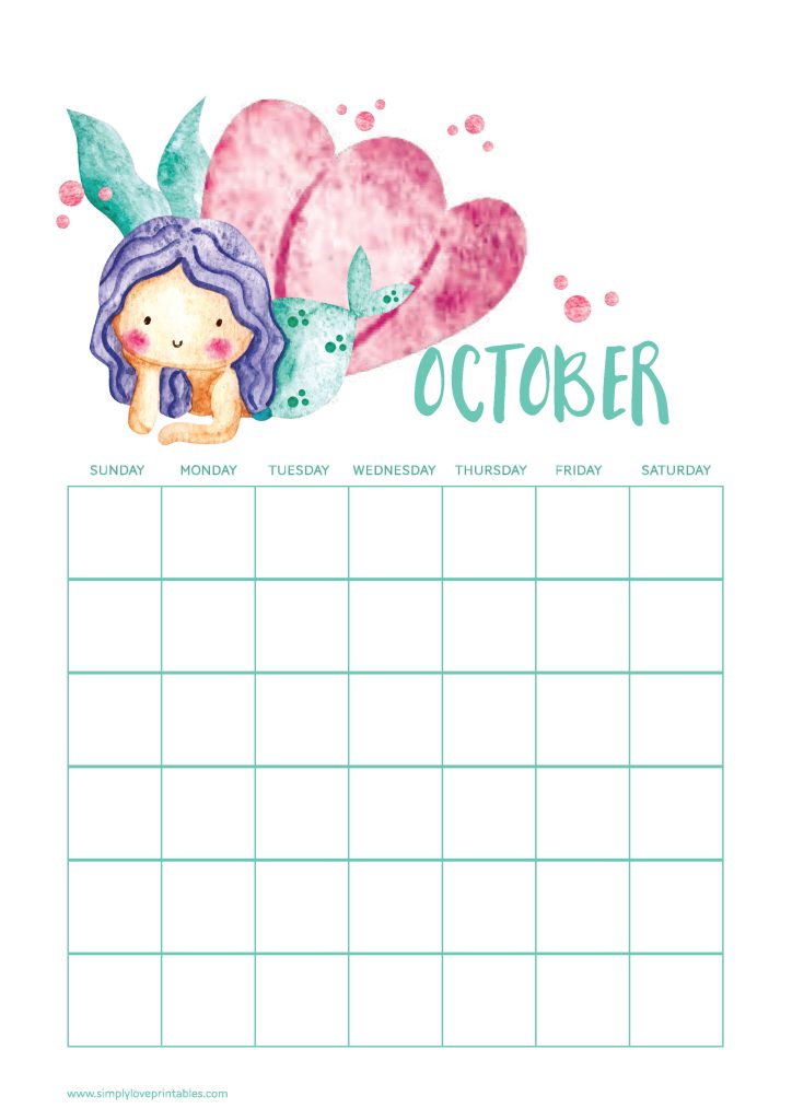 Simply Love Printables Cute Mermaid October Calendar