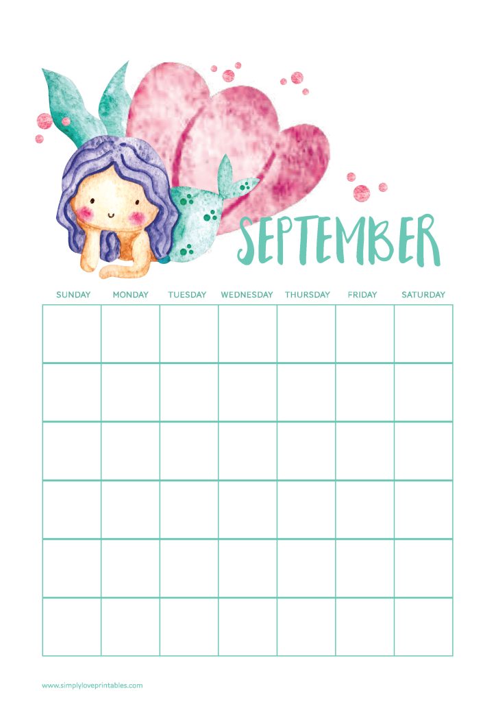 Simply Love Printables Cute Mermaid Sepember Calendar