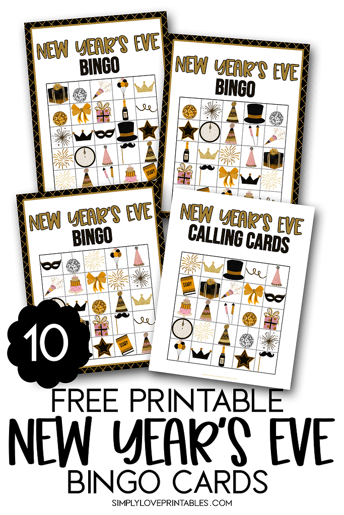 Simply Love Prinables 10 Free New Year's Eve Bingo Cards Pin Graphic
