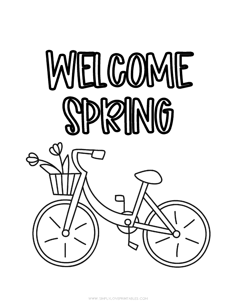 Simply Love Printables Spring Coloring Page Welcome Spring with Bicycle