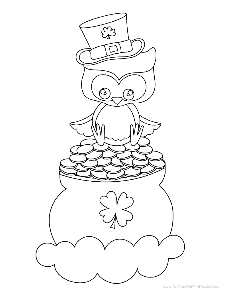 Simply Love Printables St. Patrick's Day Coloring Pages Cute Owl On Pot of Gold