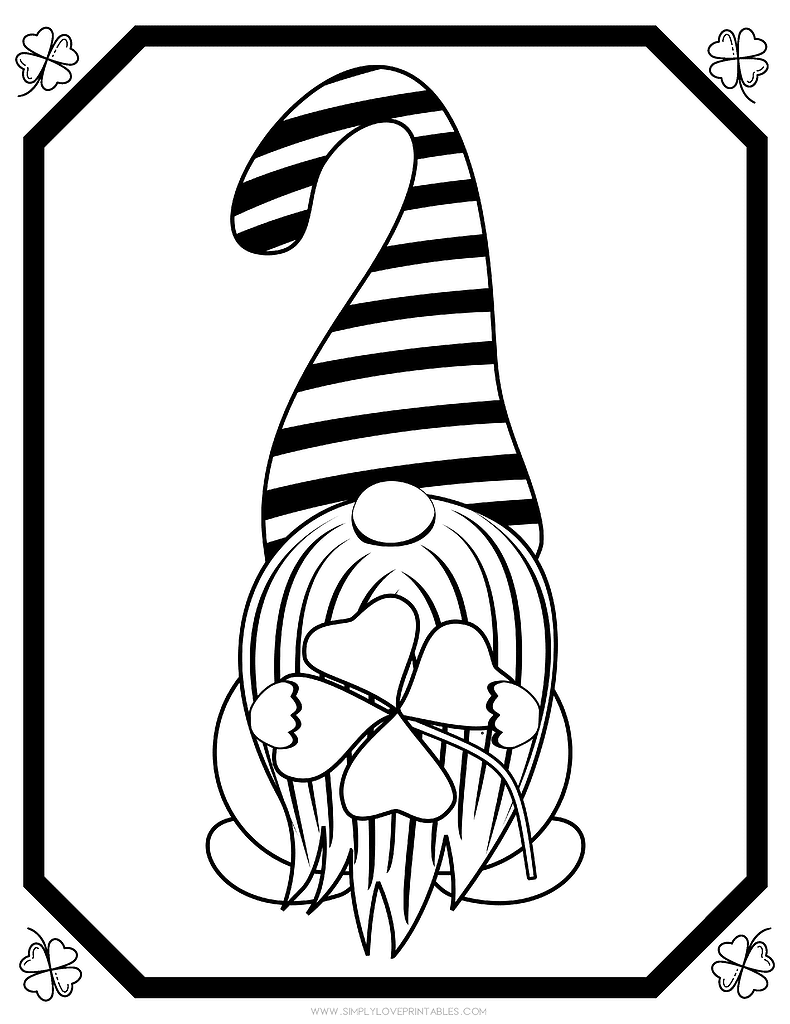Simply Love Printables St. Patrick's Day Coloring Pages Gnome Four-Leaf Clover