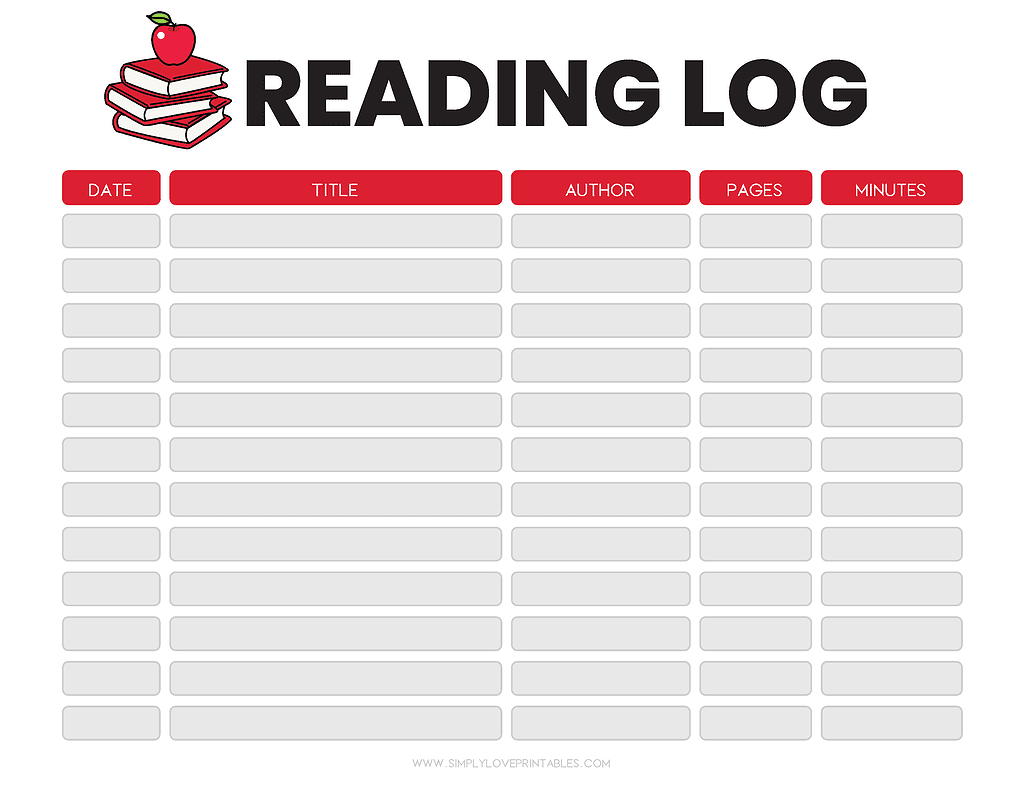 Simply Love Printable Reading Log Apple and Books Landscape
