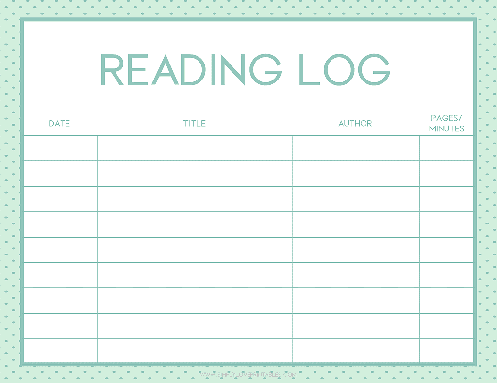 Simply Love Printable Reading Log Mint Green Landscape
