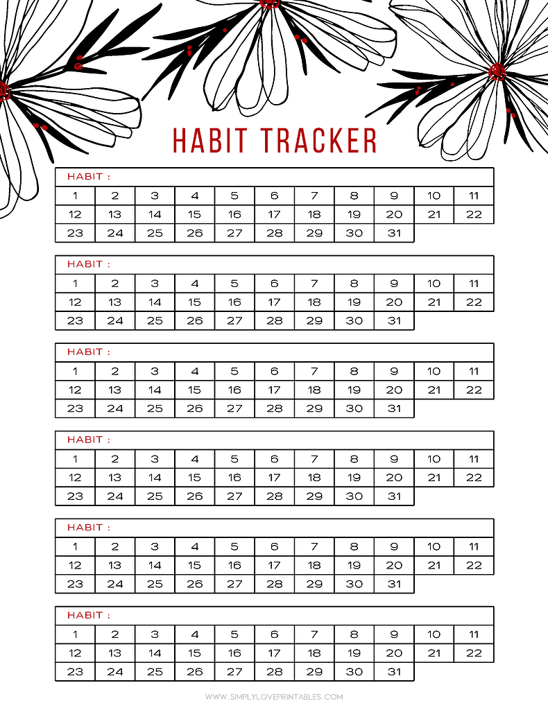 Simply Love Printables Black Red White Flower Habit Tracker